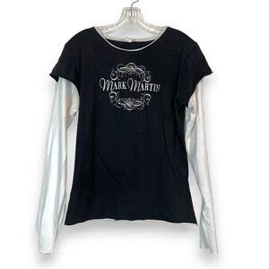 Vintage Nascar T-Shirt Medium Racing Black White Y2K Long Sleeve Retro